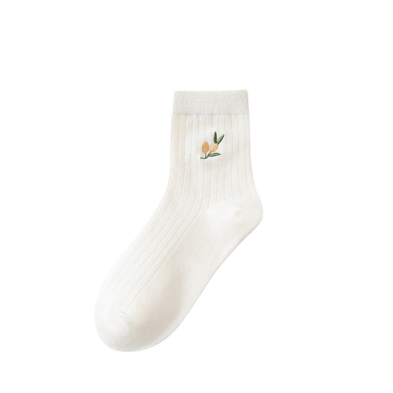 Cute White Everyday - Lemon Embroidery Socks